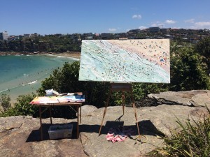 Sally West's en plein air set up at Freshwater Beach. This painting "Freshy" was available at KAB Gallery but has since SOLD  See more available works painted at this location by Sally West  Click Here