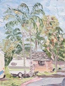 Sally West "Caravan & Amenities Block at El Lago Waters" Oil on Canvas (90x120cm)