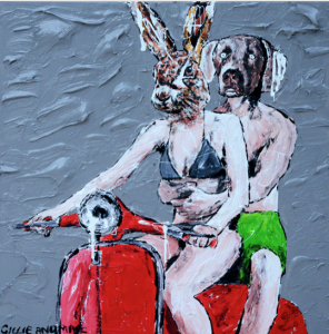 Gillie & Marc "She was a reckless driver so he held on really tight" Acrylic on Canvas (75x75cm)  $3300 