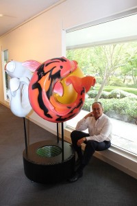 Graham Austin OAM with the Koi Wishing Well at the Gosford Regional Gallery