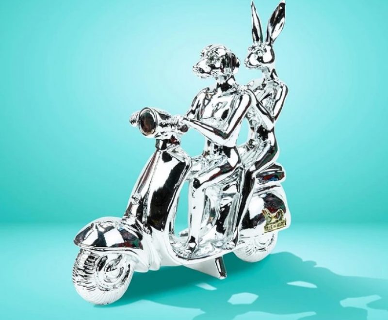 The Vespa Lovers - Chrome Resin Sculpture ( Gillie and Marc) - Available from KAB Gallery