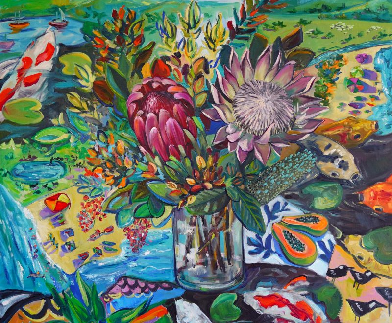 Still Life with Proteas and Lorikeets ( Katerina Apale) - Available from KAB Gallery